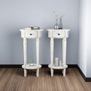 HOMPUS Farmhouse End Table Set of 2, Rustic Style Vintage Night Stand Set 2, Small White End Table with Drawer, Fully Assembled Narrow Wood Nightstand, Accent Bedside Table for Bedroom, Rustic White
