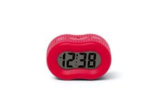 Digital Alarm Clock for Bedrooms Travel, 2 AA Battery Powered, Simple Operation, Large 1" Display, Automatic Green Night Light Dimmer, Snooze, Small, Portable, Home Décor, Red