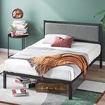 Jeometri Manila Metal Platform Bed Frame with Upholstered Headboard | No Box Spring, Solid Wood Foundation, Wood Slat Support, Anti-Scratch Foot Pads, Easy to Assemble, Queen | 1 Year Warranty