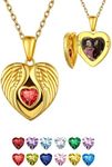 FindChic Customized Locket Necklace for Women Angel Wing Pendant Custom Picture Heart Birthstone Photo Printing 18K Gold Plated Sterling Silver Dainty Memorial Personalized Jewelry Loss of Mother Gift