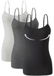 Knuffnee Womens Camisole with Shelf Bra Cotton Camis Undershirts Adjustable Spaghetti Strap Tank Tops 3 Pack Grey/Dark Grey/Black M