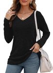 WNEEDU Long Sleeve Shirts for Women Lightweight V Neck Sweaters Casual Loose Tunic Tops Black XL