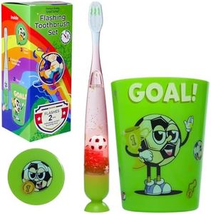 Lily's Home Kids Toothbrush with Flashing Timer and Soft Bristles, Rinsing Cup & Cover - Fun 2-Min Light-Up Brushing for Children - Toddler Soft Toothbrush Kit (Football)