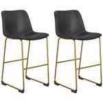 HOMCOM Bar Height Bar Stools Set of 2, Vintage PU Leather Bar Chairs, Kitchen Stools with Footrest for Home Bar, Dark Grey & Gold Leg