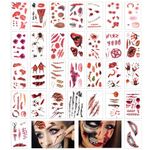 30 Sheets Halloween Temporary Tattoos Scars Zombie Scars Horror Stickers Blade Flow Blood Pressure Scare Tooth Scratch Suture Wound Scar Party Face Waterproof Stiker for Cospaly Party (A2182024-30PCS)