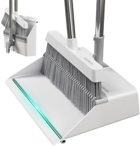 JOYMOOP White Broom and Dustpan Set with Built-in Comb Tooth, Upright Stand Up Design, Foldable Collapsible Dustpan with Angled Broom, Space Saving Cleaning Supplies for Home Kitchen Hardwood Floor