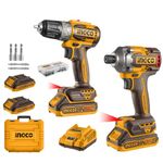 INGCO 20V Cordless Brushless Combi Drill and Impact Driver Twin Kit with 2Pcs 2.0Ah Battery, Charger and Carrying Box CKLI20272E