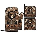 Rustic Lodge Bear Oven Mitts and Pot Holders Set 4 Pcsï¼ŒNon-Slip Cooking Gloves for Cooking Baking Grilling