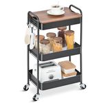 TOOLF 3-Tier Rolling Cart, Metal Utility Cart with Top, Storage Craft Cart with Wheels, Trolley Organizer Serving Cart Easy Assembly for Office, Bathroom, Kitchen, Kids' Room, Classroom, Black