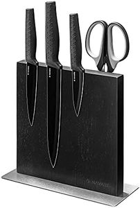 Navaris Magnetic Knife Block - Kitchen Storage with Strong Magnets for Knives & Utensils - Simple, Modern Utensil Holder in Black Rubberwood - 8.9" x 8.7"