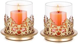 NUPTIO Gold Candle Holders for Pillar Candles Shabby Chic Candlesticks Holders Vintage Hurricane Glass Candle Holder Antique for Mantlepiece Wedding Party Table Centrepiece Home Ornaments, 2 Pcs
