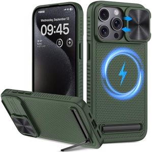 Vihibii Coque Magnétique pour iPhone 15 Pro Max avec MagSafe & Béquille & Cache Caméra, TPU Antichoc Protection Militaire Étui Antidérapante Protection Mince Mat Case pour iPhone 15 Pro Max, Vert