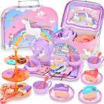 Lajeje Unicorn Tea Party Set for Little Girls, Pretend Plastic Teapot Set, Princess Tea Time Play Kitchen Toy with Dessert, Carrying Case for Birthday Easter Gifts Kids Toddlers Age 3 4 5 6