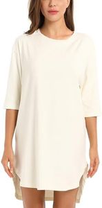 LIQQY Women's Nightgown Crew Neck 3/4 Sleeve Oversized Pajamas Loose Sleepshirt Dress Loungewear (Small, White)