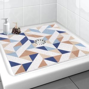 Extra Large Square Shower Mat, Yonala 36 x 36 Inch Stylish Non Slip Shower Mats for Inside Shower with Drain Hole in Middle, Soft Trimmable PVC Loofah Anti Slip Shower Mat, Quick Drying