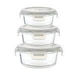 Femora Borosilicate Glass Microwave Safe Round Food Storage Container with Air Vent Lid, 380ml, 580ml, 940ml, Set of 3, One Year Free Replacement