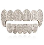 Diamond Vampire Fangs Grillz Gold Plated Shiny Hip Hop Teeth Grillz Caps Iced Out Top and Bottom Grills for Men and Women, One Size, Brass