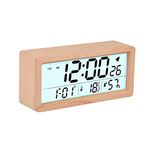GINZER Wooden Digital Alarm Clock, Wood Bedside Clock with 6" Large Display, Desk Clock with Snooze, Calendar, Backlight, Temperature Humidity, Wooden Alarm Clock for Bedroom Office, Battery Operated