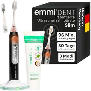 emmi-dent Slim Ultraschallzahnbürste Weiß I Bis zu 96 Mio. Schwingungen/Min. I 3 Reinigungsmodi I Bis zu 15 Tage Akku I Inkl. Qi-Ladestation (USB-C), 2 Aufsätze & Ultraschall-Zahngel I Made in Germany