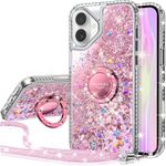 Silverback for iPhone 16 Case, Liquid Holographic Sparkly Glitter Case with Stand and Lanyard, Women Girls Bling Diamond Ring Shockproof Protective Cover for iPhone 16 6.1''- Pink