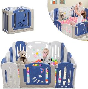 TWOLIIN Parque infantil plegable de plástico con panel de actividad, forma ajustable, centro de actividades en interiores para niños, azul y blanco (14 paneles)