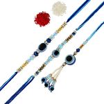 perpetual Evil Eye Rakhi for Brother and Bhabhi Polyresin Eco Friendly Designer Bracelet Rakhi for Bhaiya Bhabhi and Kids Set of 3 with Wooden Cutout