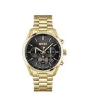 BOSS Men's 44mm Chronograph Quartz Watch Champion Collection with Black Dial and Gold Stainless Steel Bracelet, Date Function, 3 Sub-Dials, 10ATM Water Resistance - 1513848