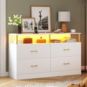AOGLLATI White Dresser for Bedroom with Charging Station, Bedroom Dressers with 4 Drawer, Dressers & Chests of Drawers with Column Design,Modern Led Wide Dresser for Living Room, White