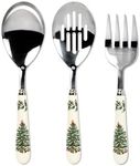 Spode Christmas Tree 3-Piece Stainless Steel Cutlery Set - Porcelain Handle Flatware with Meat Fork, Serving Spoon, and Slotted Spoo - Holiday Silverware for Christmas Dinners & Seasonal Gatherings