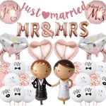 Just Married Wedding Party Decorations - 49 Pieces Rose Gold Getting Married Decor, Just Married Banner, Bride Groom Mr and Mrs Balloons, Diamond, Love Foil Balloon for Romantic Wedding Bridal Shower