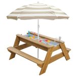 K LUCKIDS Kids 3-in-1 Sand & Water Activity Table, Wood Outdoor Convertible Picnic Table with Umbrella, 2 Play Boxes, Removable Top, Faucet Table Outdoor (Natural/Brown)