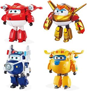 Super Wings Supercharged Jett & Supercharged Paul & Supercharged Donnie & Golden Boy Transforming Toy 4 Pack Toys for 3+ Year Old Boys Girls, Multicolored, 5".