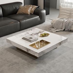 42" Square Marble Coffee Table for Living Room - White Modern Farmhouse Center Table with Sturdy Gold Stainless Steel Base, 130lbs Capacity