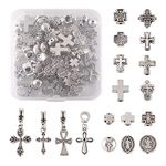 Pandahall 70pcs/Box 16 Styles Antique Silver Holy Cross Beads Tibetan Style Metal Spacer Cross Charms Prayer Beads for Rosary Bracelet Jewelry Making Supplies, Metal Silver, No Gemstone