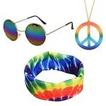 Lezevn Jomnvo 3 Pieces Hippie Costume Set Hippie Sunflower Headband Peace Sign Necklace Round Hippie Sunglasses for Hippie Fancy Dress Accessory