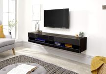 GFW Galicia Wall Mounted High Gloss Featuring A LED Downlight, This Floating TV Unit Console & Television Stand for Living Entertainment Room with Storage Shelves, Engineered Wood, Black, 180cm