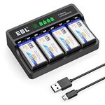 EBL 9 Volt 600mAh Rechargeable Batteries Li-ion Batteries with Smart LCD 9V Battery Charger for 9V Lithium-ion/Ni-MH/Ni-CD Rechargeable Batteries