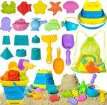 Beach Sand Toy Set for Kids Silicone Foldable Sand Bucket with Summer Mesh Bag, Shovel, Rake, Watering Can, Animal and Castle Sand Molds for Children Outdoor Sandbox Toys for Toddlers 3-10