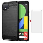 Phone Case for Google Pixel 4 XL with Tempered Glass Screen Protector Cover Cell Accessories Slim Thin Rugged Silicone Rubber Defender Shockproof Pixle 4XL Pixel4XL 4LX LX Cases Women Men Black