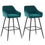 AINPECCA Bar stools Set of 2 Green Velvet Fabric Upholstered Seat with Backrest & Armrest Black Metal Legs Counter Breakfast Chairs Kitchen