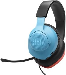JBL Quantum 100N, casque gaming circum-auriculaire filaire, micro amovible, QuantumSURROUND Signature, comfortable, compatibilité multiplateformes et Windows Sonic Spatial Sound, en rouge et bleu