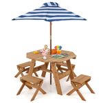 GYMAX Kids Picnic Table Set, Wooden Toddler Garden Table with 4 Stools, Removable & Height Adjustable Umbrella, Indoor Outdoor Children Furniture Set for 3+ Years Old Boys Girls (Natural)