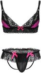 iiniim Men's Sissy Lace Trim Bra and Panty Set Satin Lingerie Nightwear Cami Top with G-String Rose A X-Large