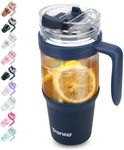 Tronco 40oz Glass Tumbler with Straw and Lid, Leakproof Flip Straw Glass Tumbler with Handle, Glass Cups Fit in Cup Holder, BPA Free, Dishwasher Safe (Navy Blue)