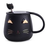 Angelice Home Black Cat Mug, Cute Kitty Ceramic Coffee Mug with Stainless Steel Spoon, Novelty Coffee Mug Cup for Cat Lovers Women Girls