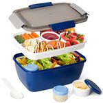 Salad Container for Lunch, SWKIEN 68 oz Salad Bowl with 5-Compartment, Bento Lunch Box Container with 2pcs Salad Dressing Container to Go, Large Leak-Proof Bento Box Adult Lunch Box, BPA-Free (Blue)