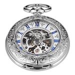 Tiong Simple Silver Mechanical Pocket Watch, Men's Roman Numerals Mechanical Pocket Watch with Chain