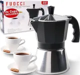 FUOCCI Moka Pot Espresso - Italian Stovetop Espresso Maker 3 Cup With Ceramic Espresso Cups Set Of 2 - Cuban Coffee Maker Stainless Steel - Moka Pot 3 Cup (180ml-6oz) Cafetera Cubana - Grecas De Cafe