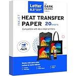 Printers Jack Iron-On Heat Transfer Paper for Dark Fabric 20 Pack 8.5"x11.7" T-Shirt Transfer Paper for Inkjet Printer Wash Durable, Long Lasting Transfer, No Cracking