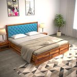 DRIFTINGWOOD Dolvi Solid Sheesham Wood Queen Size Bed with Storage | Wooden Double Bed Cot Bed with Box Storage & Upholstered Blue Cushioned Headboard for Bedroom | Rosewood, Honey Finish